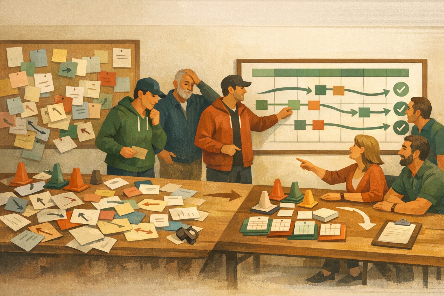 Illustrasjon av hvordan en klubb går fra spredt informasjon til felles retning